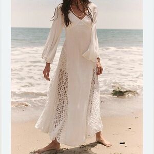 Free People Hazel Maxi Dress V Neck Ivory Embroidered Lace Tie M